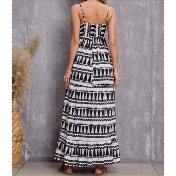 Bohemian Pattern Black White Ruffle Cami Maxi Dress S M L XL - Picture 3 of 4